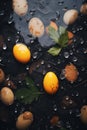 A bunch of eggs and leaves sitting in a puddle with water droplets, AI Royalty Free Stock Photo