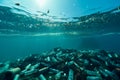 A bunch of empty plastic bottles in the water. An environmental disaster. Generative AI