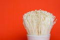 Bunch of Enoki mushrooms on orange background.