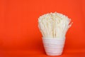 Bunch of Enoki mushrooms on orange background.