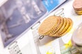 Bunch of Euro banknotes, coins standing on top Royalty Free Stock Photo