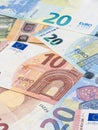 Bunch of euro banknotes. Many Euro bills lie on top of each other. Pile of money of the European Union. Currency of the united