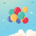 Bunch of festive air balloon in the sky with clouds isolated on background. Group of ball with ribbon, toy.