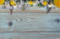 Bunch of fieldflowers,daisies, buttercups, Pentecostal flowers, dandelions on a oldwooden background with empty copy space Royalty Free Stock Photo