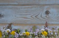 Bunch of fieldflowers,daisies, buttercups, Pentecostal flowers, dandelions on a oldwooden background with empty copy space Royalty Free Stock Photo