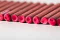 A bunch of firecrackers with red sulfur. Set of pyrotechnics, explosion hazard, macro. Royalty Free Stock Photo