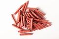A bunch of firecrackers with red sulfur. Set of pyrotechnics, explosion hazard, macro. Royalty Free Stock Photo