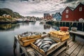 A bunch of fish that are sitting on a dock. AI generative image . Norwegian view.