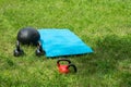 Bunch of fitness training weights on green grass Royalty Free Stock Photo