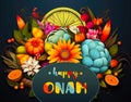 A bunch of flowers with a happy onam sign. Happy Onam greeting.