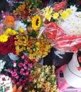Bunch of flowers namely red, pink, and white roses, sunflower, dandelions and marigolds display on a flower shop