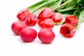 Bunch of flowers near Easter eggs. Bouquet of spring tulips Royalty Free Stock Photo