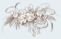 Bunch of flowers. Vintage botanical illustration for a wedding or other celebrations. Baroque engraving style