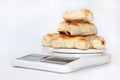 A bunch of fresh baked crescent rolls on a kitchen digital scale Royalty Free Stock Photo