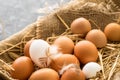 Bunch of fresh brown eggs in a wooden crate Royalty Free Stock Photo