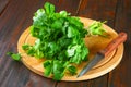 bunch of fresh cilantro on the boards, fresh herbs on wooden table. Royalty Free Stock Photo