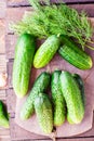 A bunch of fresh cucumbers, dill and garlic on a wooden table Royalty Free Stock Photo