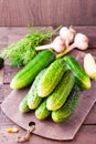 A bunch of fresh cucumbers, dill and garlic on a wooden table Royalty Free Stock Photo