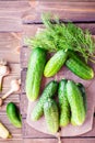 A bunch of fresh cucumbers, dill and garlic on a wooden table Royalty Free Stock Photo