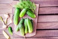 A bunch of fresh cucumbers, dill and garlic on a wooden table Royalty Free Stock Photo