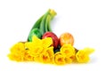 bunch fresh daffodil with easter eggs on white isolated background Royalty Free Stock Photo