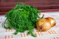 Bunch of fresh dill, onion and garlic on tablecloth, still life Royalty Free Stock Photo