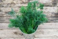 Bunch of fresh dill in tin bucket on wooden background Royalty Free Stock Photo