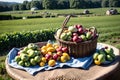 A bunch of fresh fruits sit quietly on the grass