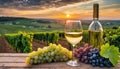 Bunch of fresh grapes, wine glass and bottle on wooden table, vineyard landscape Royalty Free Stock Photo