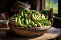 Bunch of fresh green bananas in a basket on a wooden table Generated with AI Royalty Free Stock Photo