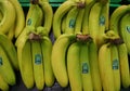 Bunch of fresh green bananas displayed at a supermarket storefront in Purwakarta, Indonesia.