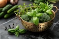 Bunch of fresh green herbs, basil and broccoli in metal brass colander on table. Generative AI Royalty Free Stock Photo