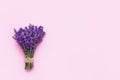 Bunch of fresh lavender on pink background. Violet flowers. Greeting floral card with place for text. Flat lay, copy space Royalty Free Stock Photo