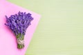 Bunch of fresh lavender on pink-green  background. Violet flowers. Greeting floral card with place for text. Top view Royalty Free Stock Photo