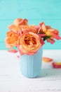 Bunch of fresh orange roses in blue cup on white wooden background against turquoise wall. Royalty Free Stock Photo