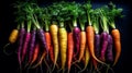 a bunch of fresh organic rainbow carrots on black background representing concept of healthy food