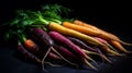 a bunch of fresh organic rainbow carrots on black background representing concept of healthy food