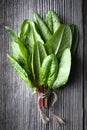 Bunch of fresh organic sorrel leaves on wooden table Royalty Free Stock Photo