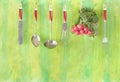 A bunch of fresh radish and hanging vintage kitchen utensils , helathy eating,vegetarian,cooking concept, copy space