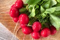 Bunch of fresh red radishes on wooden table, closeup Royalty Free Stock Photo