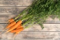 Bunch of fresh ripe carrots with long green haulm on faded wooden table, top view. Prepare washed farm vegetables for