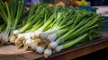 Bunch of fresh spring onions on display at a farmers market, Generative AI illustrations