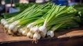 Bunch of fresh spring onions on a market stall in the city, Generative AI illustrations