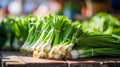 Bunch of fresh spring onions on a wooden table in the market, Generative AI illustrations