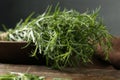 Bunch of fresh tarragon on wooden table Royalty Free Stock Photo