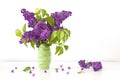 Bunch of fresh  violet Syringa vulgaris in Lilac flower  in green ceramic vase. Royalty Free Stock Photo