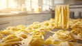 A bunch of freshly made pasta drying on a rack in a sunlit kitchen creating a cozy home cooking atmosphere Royalty Free Stock Photo