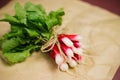 A bunch of freshly picked red radishes on crumpled kraft paper. Growing vegetables, harvesting