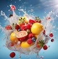 A bunch of fruit with water splashing around it Royalty Free Stock Photo