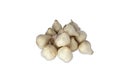 A bunch of garlic and a white background behind it